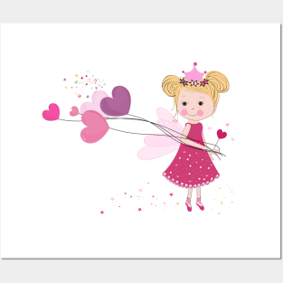Fairy holding heart balloon. Banner style template design Posters and Art